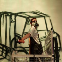 Multimedia Event Performance: Forklift Ballet & Graffiti Action. Directed and produced by Barbara Duchow for Jungheinrich Deutschland Product Staging & After-Show Party, Hannover, Germany, 2014. © dasintegral