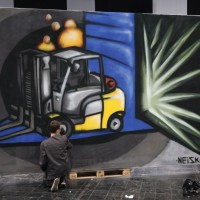 Multimedia Event Performance: Forklift Ballet & Graffiti Action. Directed and produced by Barbara Duchow for Jungheinrich Deutschland Product Staging & After-Show Party, Hannover, Germany, 2014. © dasintegral